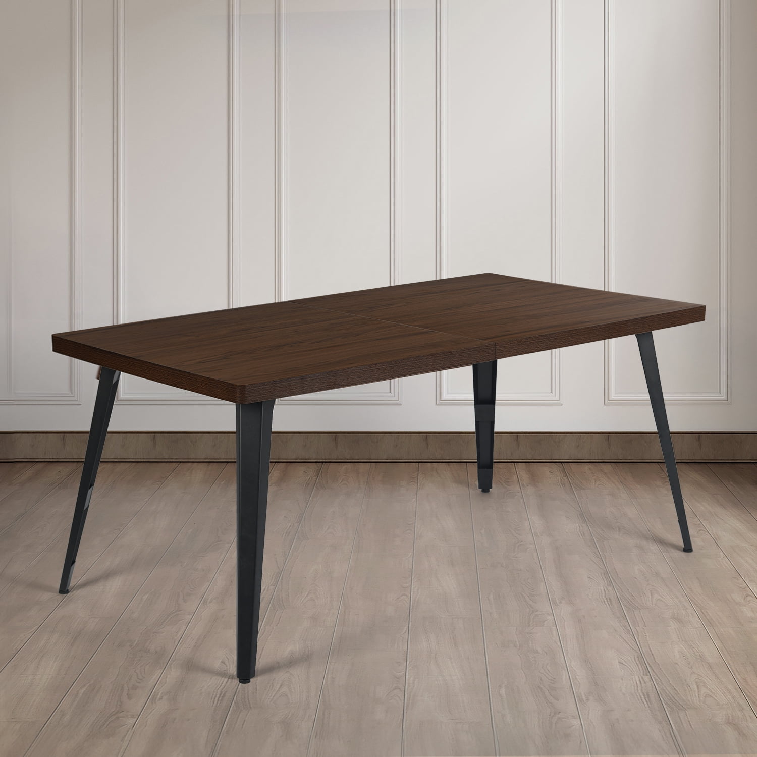 Dining Table for 6, Brown Wood Grain Tabletop Matte Flat Iron Legs, Minimalist Rectangular Table for Dining Room Living Room Office Workstation
