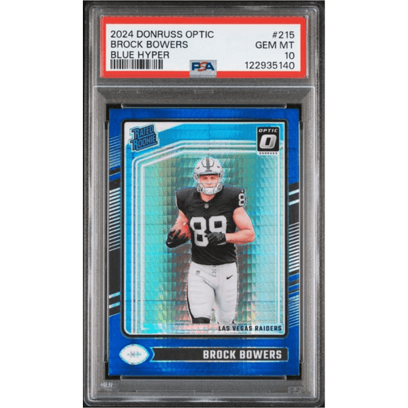 Graded 2024 Panini Donruss Optic Brock Bowers #215 Blue Hyper Rookie RC Football Card PSA 10 Gem Mint