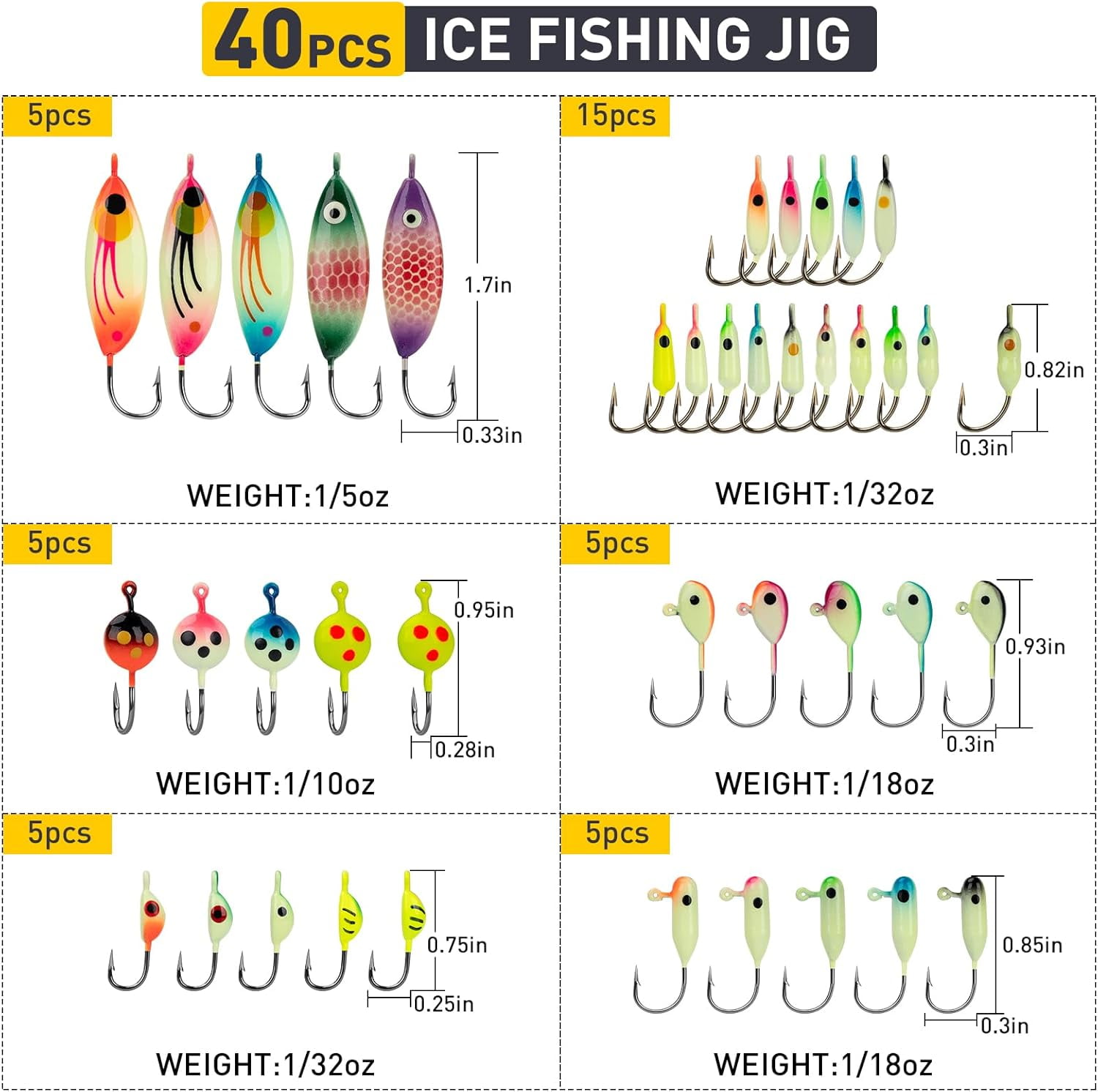 THKFISH Ice Fishing Lures Ice Fishing Jigs Ice Fishing Gear Hard Fishing Lures and Jigs Walleye Ice Fishing Kit Crappie Panfish Pike Jigs,40PCS