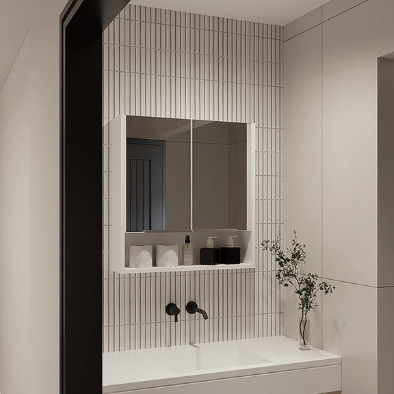 Rectangle Mirror White Medicine Cabinet, 23.4" W X 24.6" H, Wide Open Shelf For Simple Access And Monitoring, 2-door Cabinet Different Bathroom Sizes With - Easy Access, Various