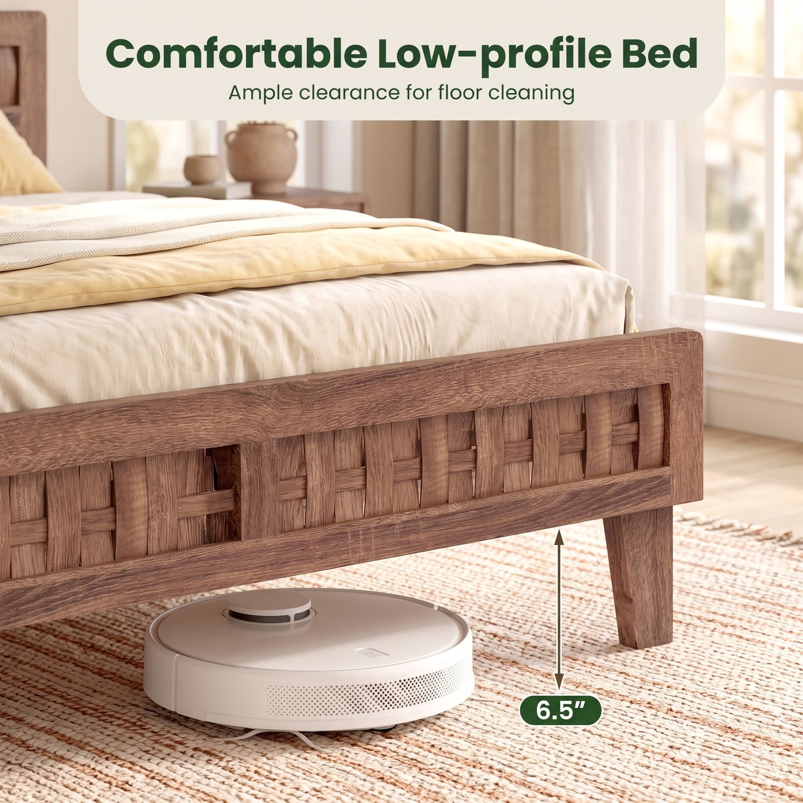 Furnibear Full Size Bed Frame Wood Platform Bed Frame with Woven Accent Headboard and Footboard and 12 Plywood Slats, Walnut