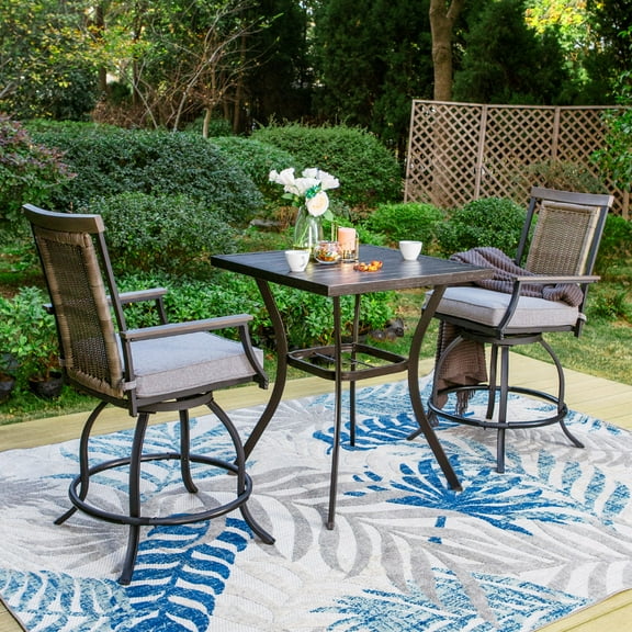 Sophia & William 3 Pieces Patio Outdoor Bar Stools Bistro Set Rattan Wicker Chairs & Square Metal Table Furniture Set