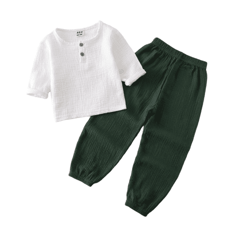 Coerni Toddler Baby Boy Cotton Linen Clothes Cotton Henley Shirts Casual Pants Set Spring and Summer 2 Piece Outfit Vacation Sets