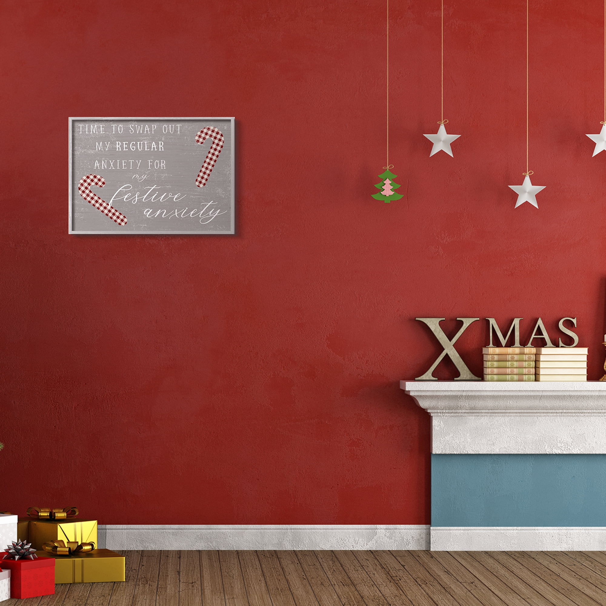 Stupell Industries Festive Anxiety Time Chistmas Saying Plaid Candy Canes Inspirational Painting Gray Framed Art Print Wall Art, 16 x 20