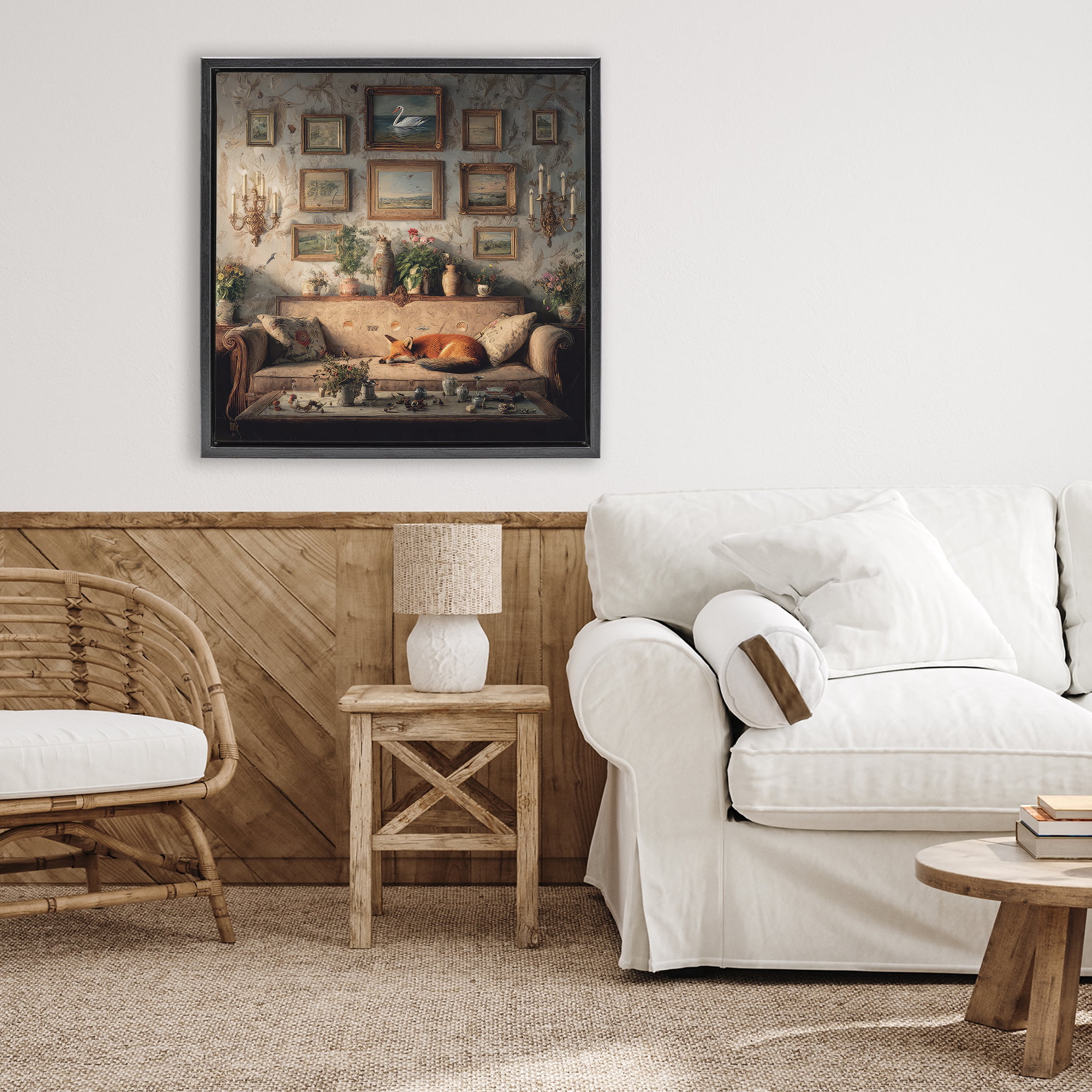 Stupell Industries Vintage Parlor with Fox Black Framed Floater Canvas Wall Art, design by The Wands Want