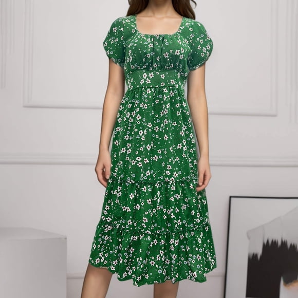 Amzcrzy Dresses for Women Floral Dress for Women Womens Dresses Women's Fashion Print Shrot Sleeve Pleated Dresses Knee-High Dress Midi Dresses for Women
