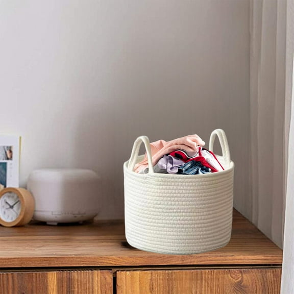 Cotton Rope Storage Basket Cotton Rope Woven Storage Basket with Handle for Snacks Toys and Home Organization,25x20cm,White 1Pcs JASKFLY