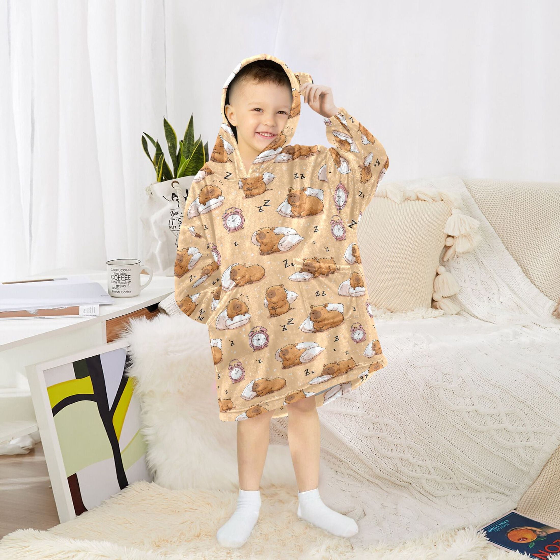 Wearable Blanket Hoodie for Kids Alarm Clock Capybara Flannel Hooded Blanket with Pockets and Sleeves Suitable for Boys and Girls