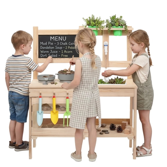 Ktaxon Wooden Mud Kitchen, Removable Sink & Faucet, Planting Cups, Chalkboard, Pretend Stove, Storage