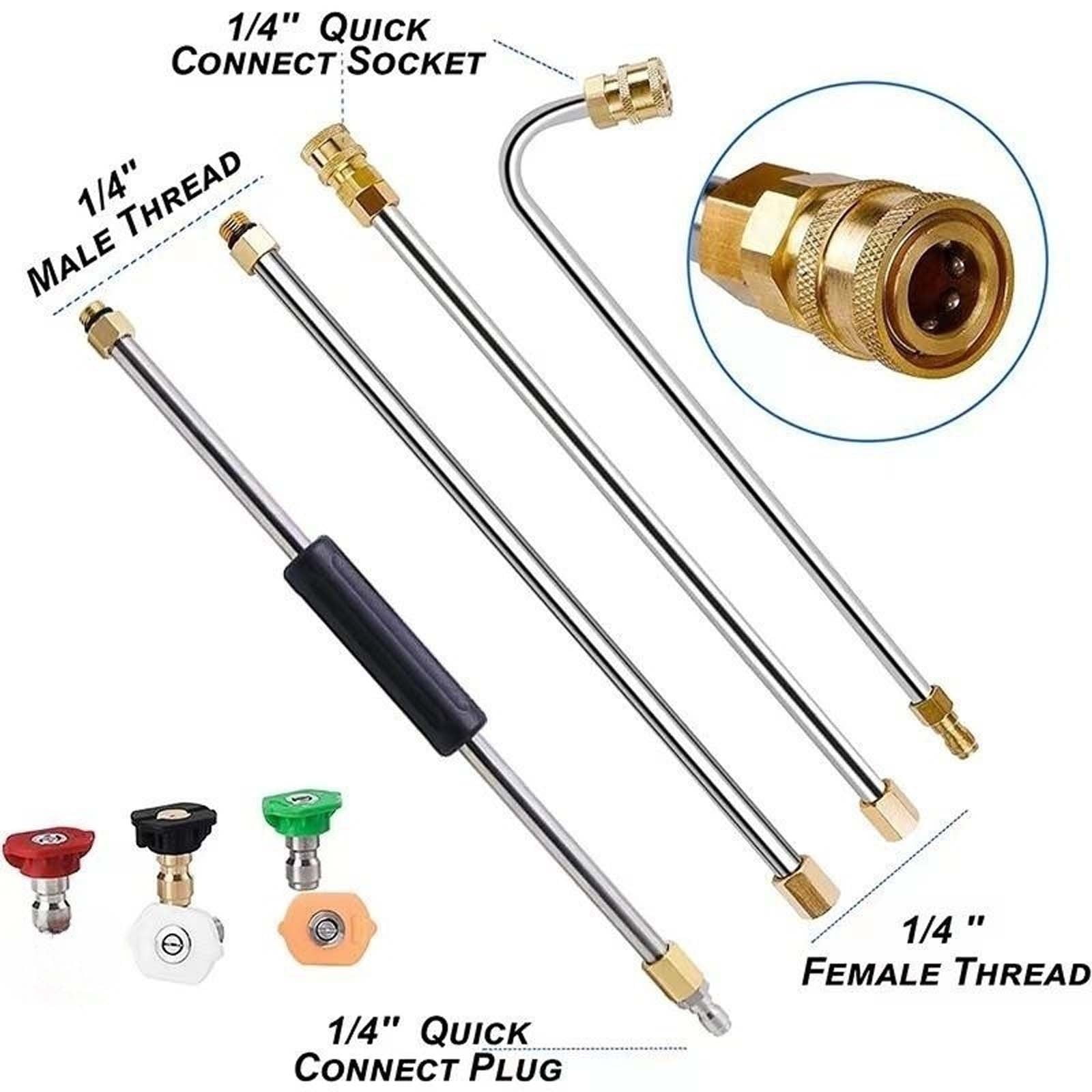 YUNAFFT Pressure Washer Extension Wand Upgrade Power Washer Lance with Spray Nozzle Tips,30°,90°,120° Curved Rod, 1/4’’Quick Connect, Replacement for Anti-Leaked Ring 4000 PSI