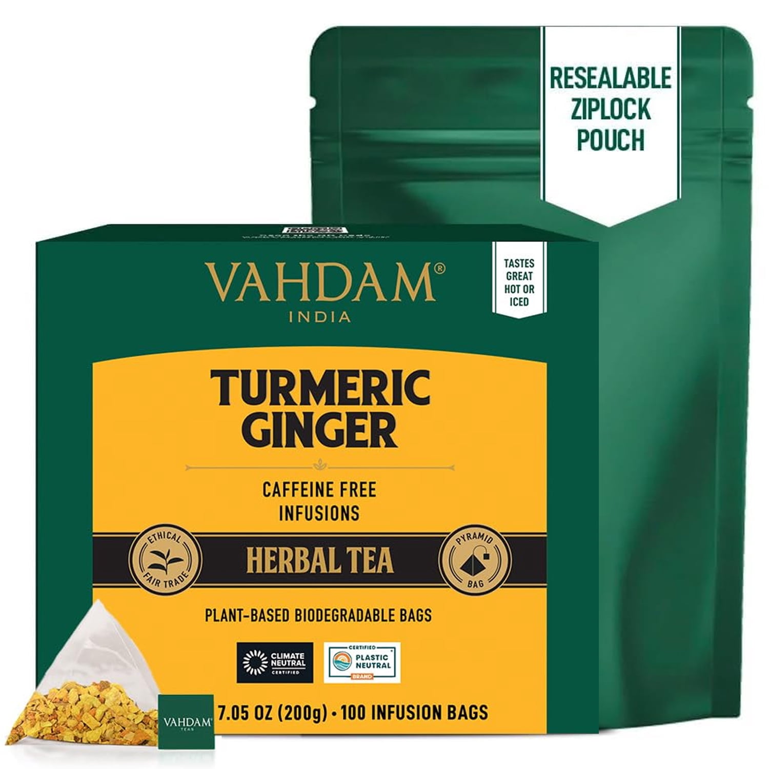 VAHDAM Organic Turmeric Ginger Herbal Tea, 100 Pyramid Tea Bags | Caffeine-Free, Non-GMO Herbal Infusion, Spiced Botanical Blend