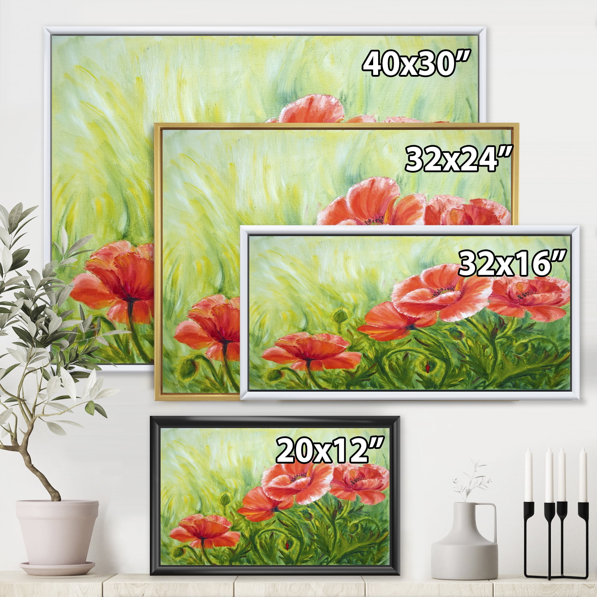 Designart 'Red Blossoming Poppies Over Wild Green III' Traditional Framed Canvas Wall Art Print