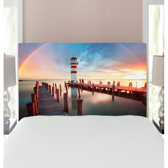 Lighthouse Headboard, Sunset at Seaside Wooden Docks Lighthouse Clouds Rainbow Waterfront Reflection, Upholstered Decorative Metal Bed Headboard with Memory Foam, Twin Size, Multicolor, by Ambesonne