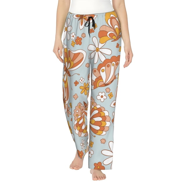 Fotbe Retro Floral Butterfly Pantalones de Pijama para Mujer, Pantalones de Dormir, Pantalones Pj con Cordón y Bolsillos-Medium