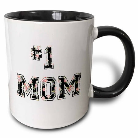 3dRose #1 Mom - Number One Mom in black and pink floral print for worlds greatest and best Mothers day - Two Tone Black Mug,