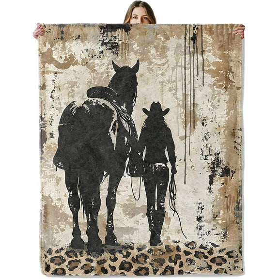 Cowgirl and Horse Throw Blanket for Girls Boys Kids Adults, 60x50 in, Cozy Flannel Blanket for Bedroom, Camping, Couch, Room Decor, Fuzzy Warm Soft Gifts