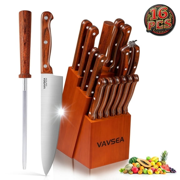 VAVSEA Knife Set, 16 Pcs Kitchen Knife Set with Block Walnut, Stainless Steel Knives for Home