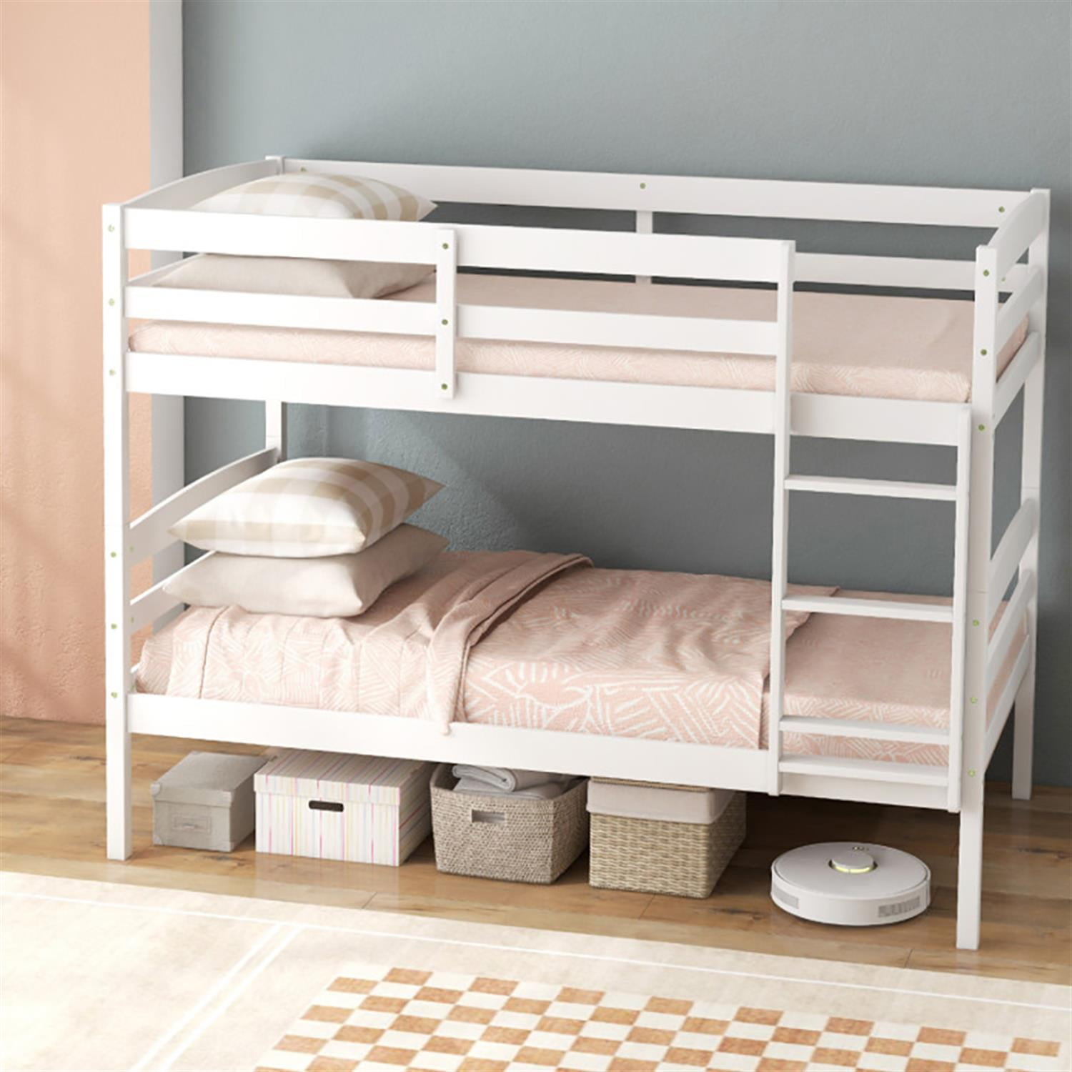 Demi Bonn Solid Wood Twin Over Twin Bunk Bed with High Guardrails and Integrated Ladder, Twin Bunk Beds, Bed Frame, White