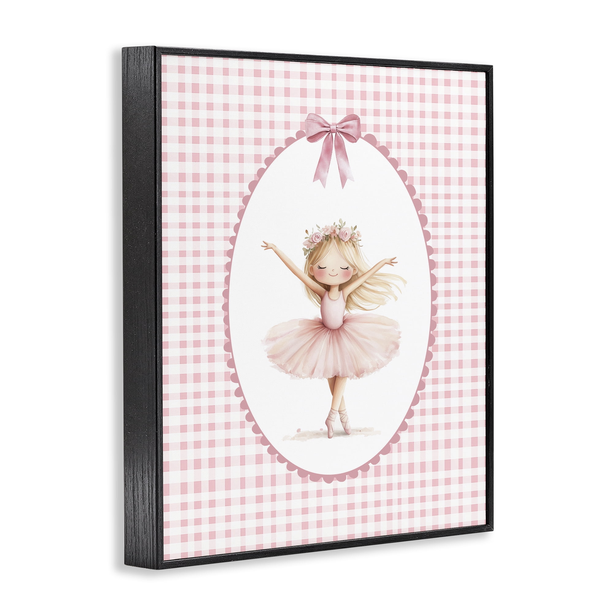 Ballerina on Pink Checkered Black Framed Giclee Art, design by Christine Simpson Art