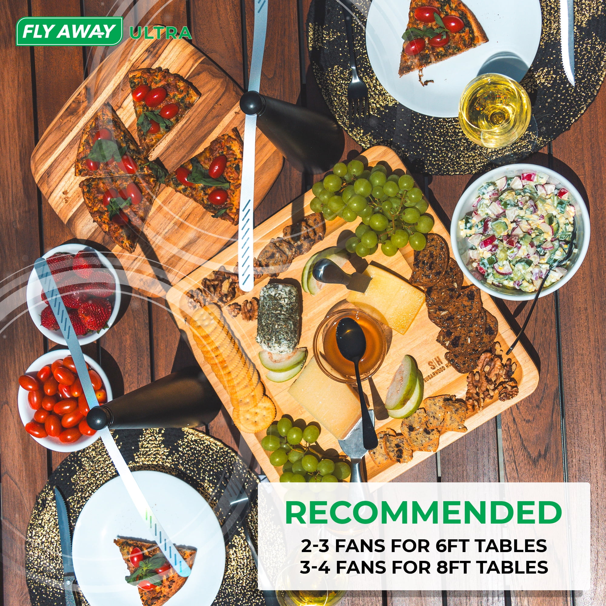 Fly Away Ultra - 2 Pack Rechargeable Outdoor Fly Fans for Tables with Ultrasonic Protection. Deter Flies and Other Flying Insects and Bugs From Meals