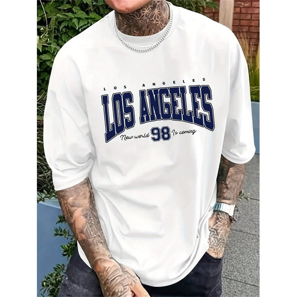 1pc Men'S Casual Los Angeles Print T-Shirt, Polyester Crew Neck Short Sleeve Tee with Slight Stretch, Knit Fabric Summer Top for Adults