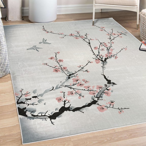 Nature Decorative Rug, Flowers Buds and Birds with Cherry Branches Style Art Painting Effect, Quality Carpet for Bedroom Dorm and Living Room, 6 Sizes, Rose Dust, by Ambesonne