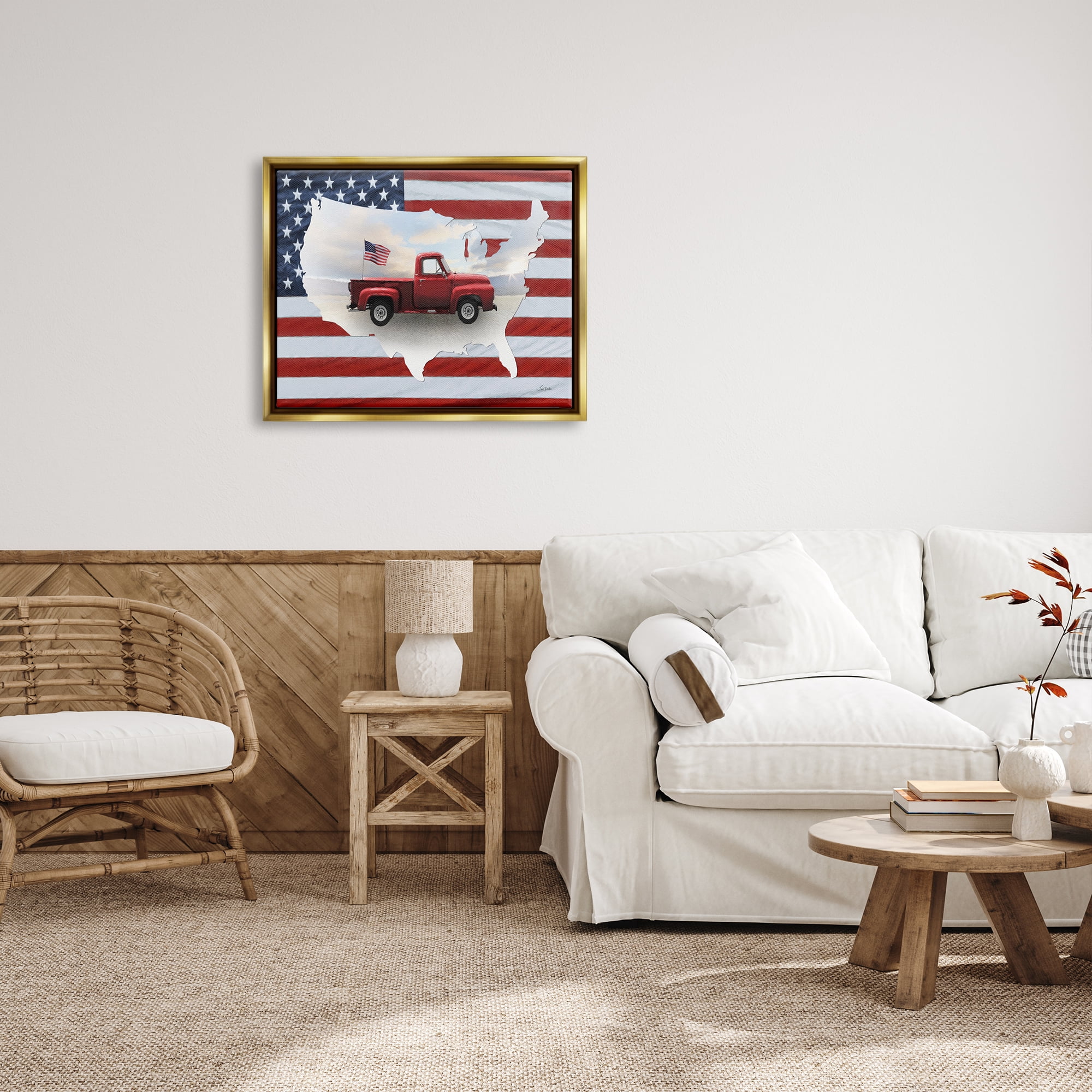 Stupell Industries Farmhouse American Flag Transportation Painting Gold Floater Framed Art Print Wall Art, 31 x 25