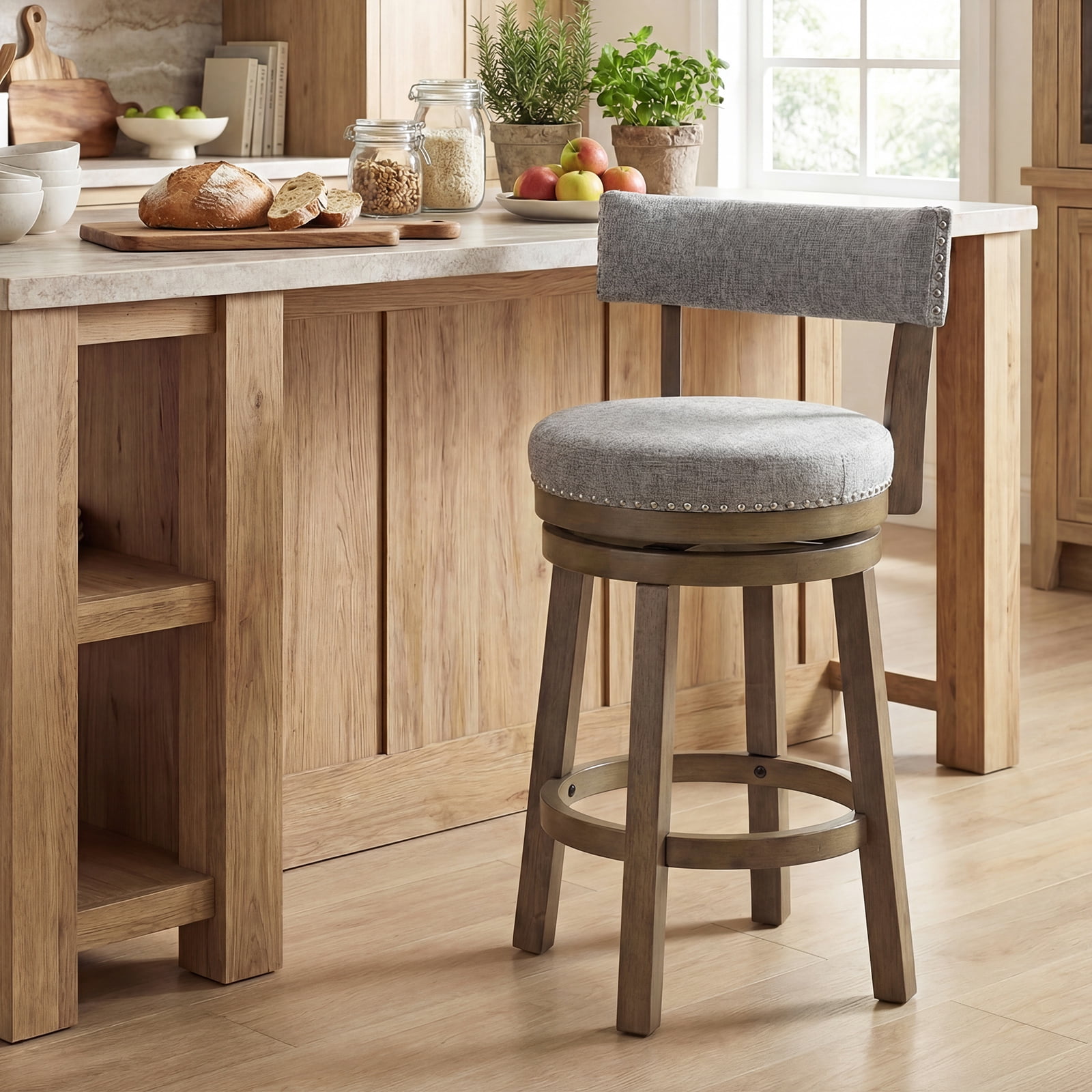 Gymax Swivel Counter Height Bar Stool Upholstered Barstool w/ Padded Back & Rubber Wood Legs