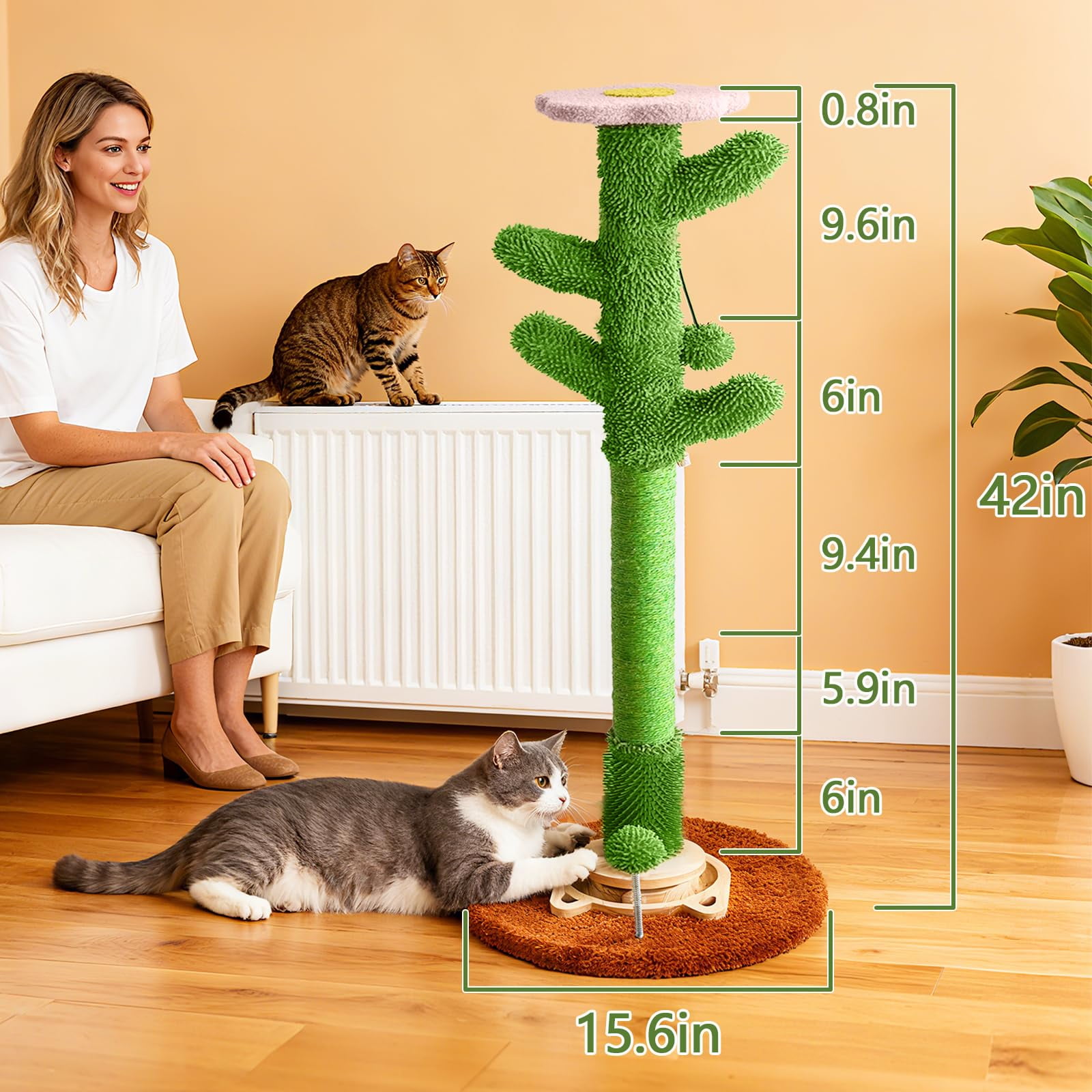 New DIY Cactus Cat Scratching Post - 9+ Custom Installation Styles , Modular Sisal Scratcher with Self-Grooming Brush & Ball Toy , Customizable Cat Furniture for Indoor Cats & Kittens