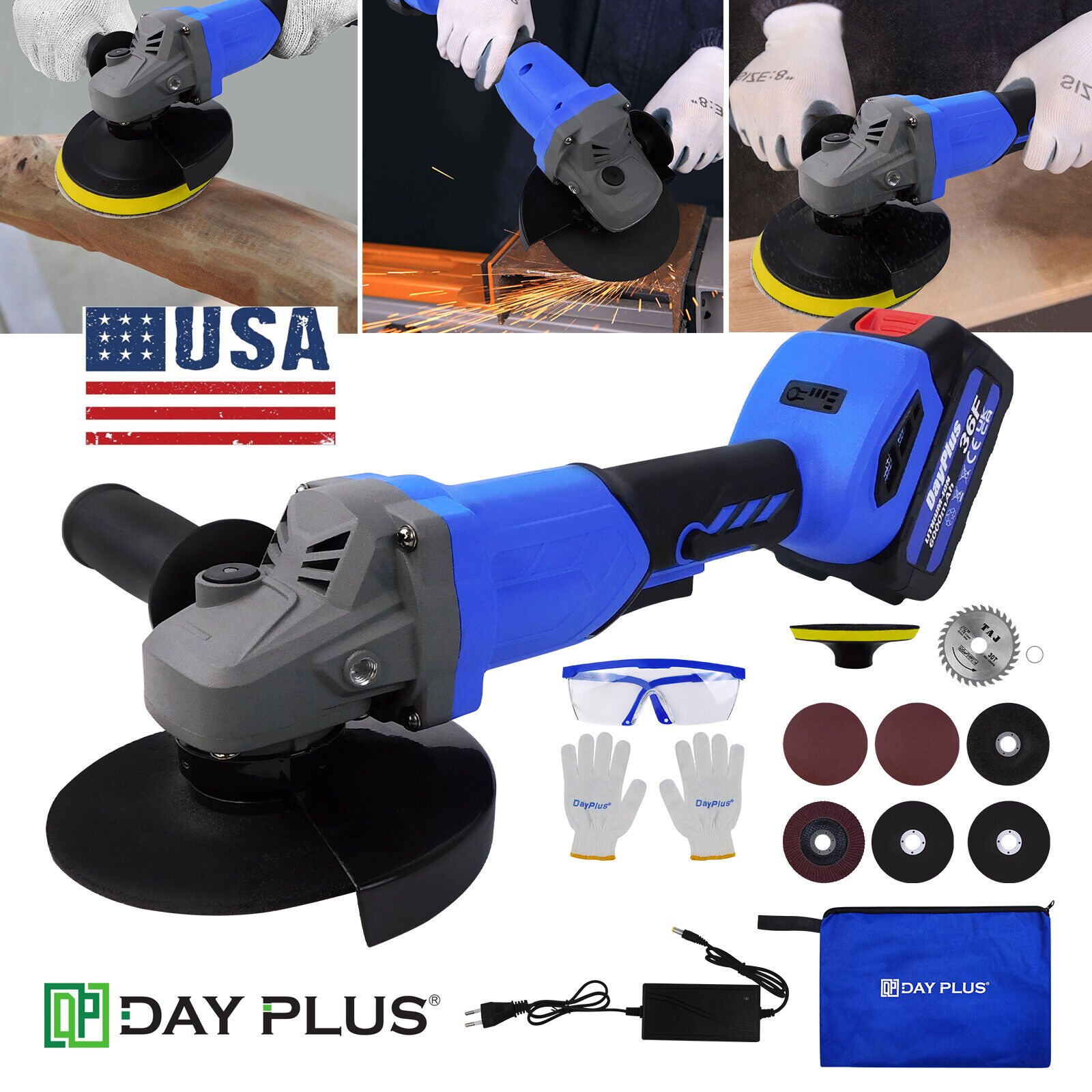 Dayplus Portable Cordless Brushless Angle Grinder Wood Cutting Grinding