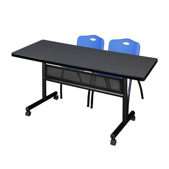 60" x 30" Flip Top Mobile Training Table w/ Divider- Grey & 2 Stack Chairs