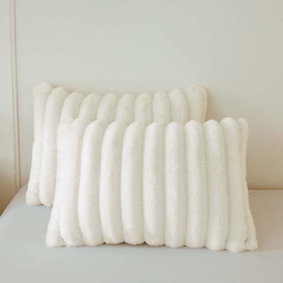 XeGe Pack of 2 Fluffy Faux Rabbit Fur Pillowcases, Ivory Striped Plush Fuzzy Bed Pillow Cases with Zipper, Farmhouse Shaggy Furry Ribbed Long Pillow Covers for Kids Teen Adults 20x26, Standard, Beige