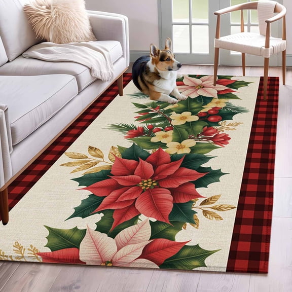 Christmas Poinsettia Area Rug 4x6 Washable Rug Non Slip Winter Xmas Red Black Plaid Beige Large Area Rug Indoor Floor Carpet for Entryway Bedroom Kitchen Living Room Home Office Dining Room Nursery