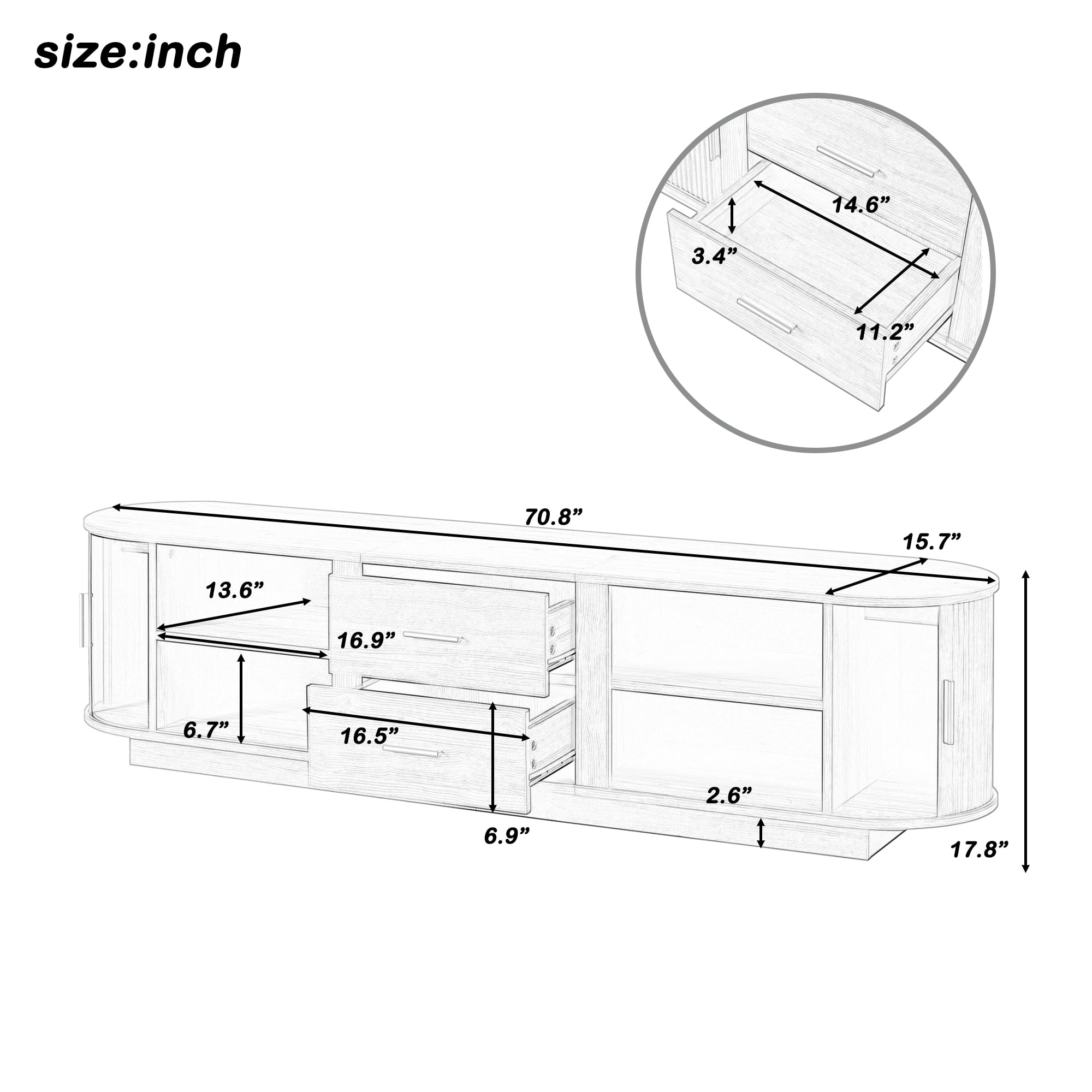 Homy Casa 70.8" TV Stand, Fluted Media Console with Drawers and Cabinets, Natural