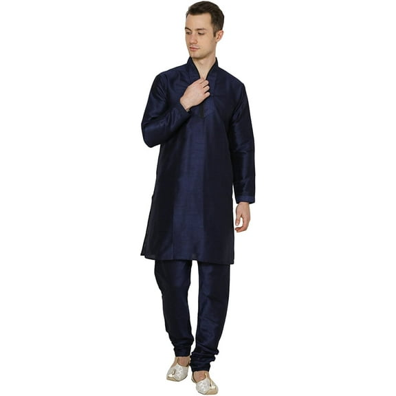 Royal Kurta Mens Cotton Silk Hineck Traditional Kurta Churidar Navy