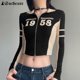 thumbnail image 2 of Camiseta de manga larga de punto con costuras contrastantes para mujer, estilo coreano, estilo gótico, con cuello alto y estampado de letras, color negro, 2 of 6