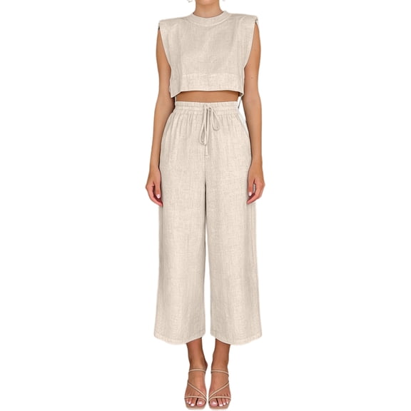 Women'S Two Piece Sets Casual Linen Sleeveless Crop Top Wide Leg Pants Summer Outfits Khaki S