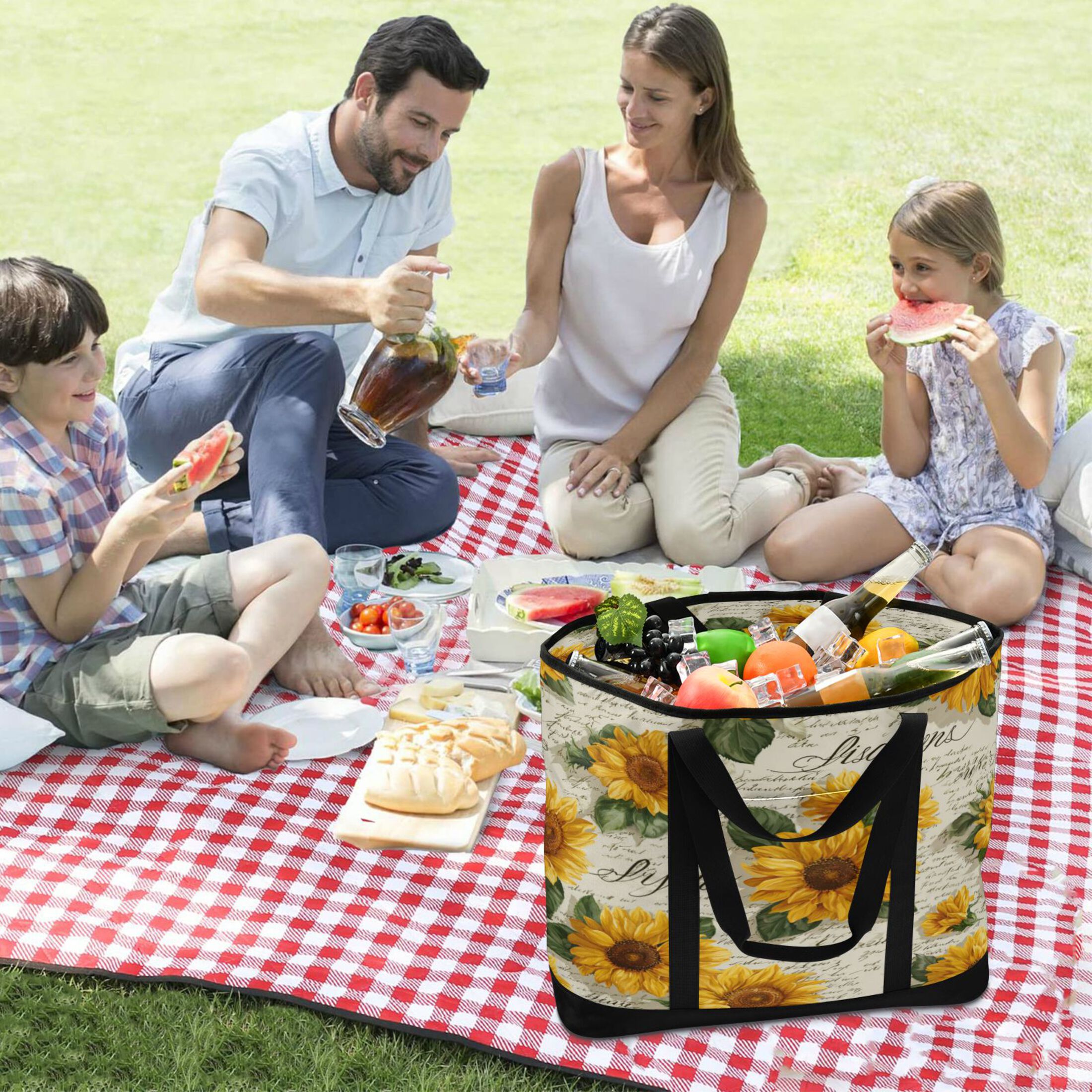 Extra-Large Wide Opening Design Capacity Hand-Held Ice Pack Thickened Insulation Layer For Long-Lasting Cold Retention For Outdoor Shopping Picnics And Camping Vintage Paper with Sunflowers