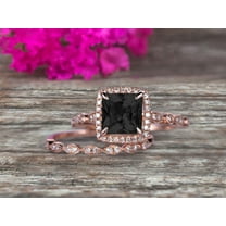 Princess Cut 2.50 Carat Black Diamond Moissanite Engagement Ring Set On 10k Rose Gold Matching Band Promise Ring Milgrain Anniversary Gift Bridal Ring