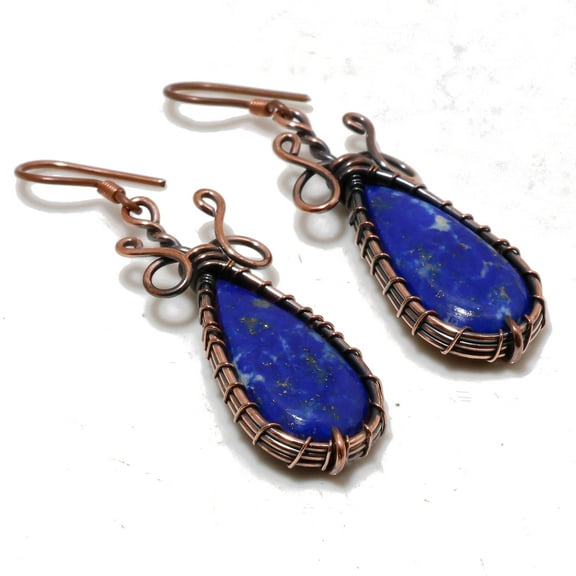 Lapis Lazuli Gemstone Copper Earrings Handcrafted Wire Wrap Gift Jewelry 2.1"