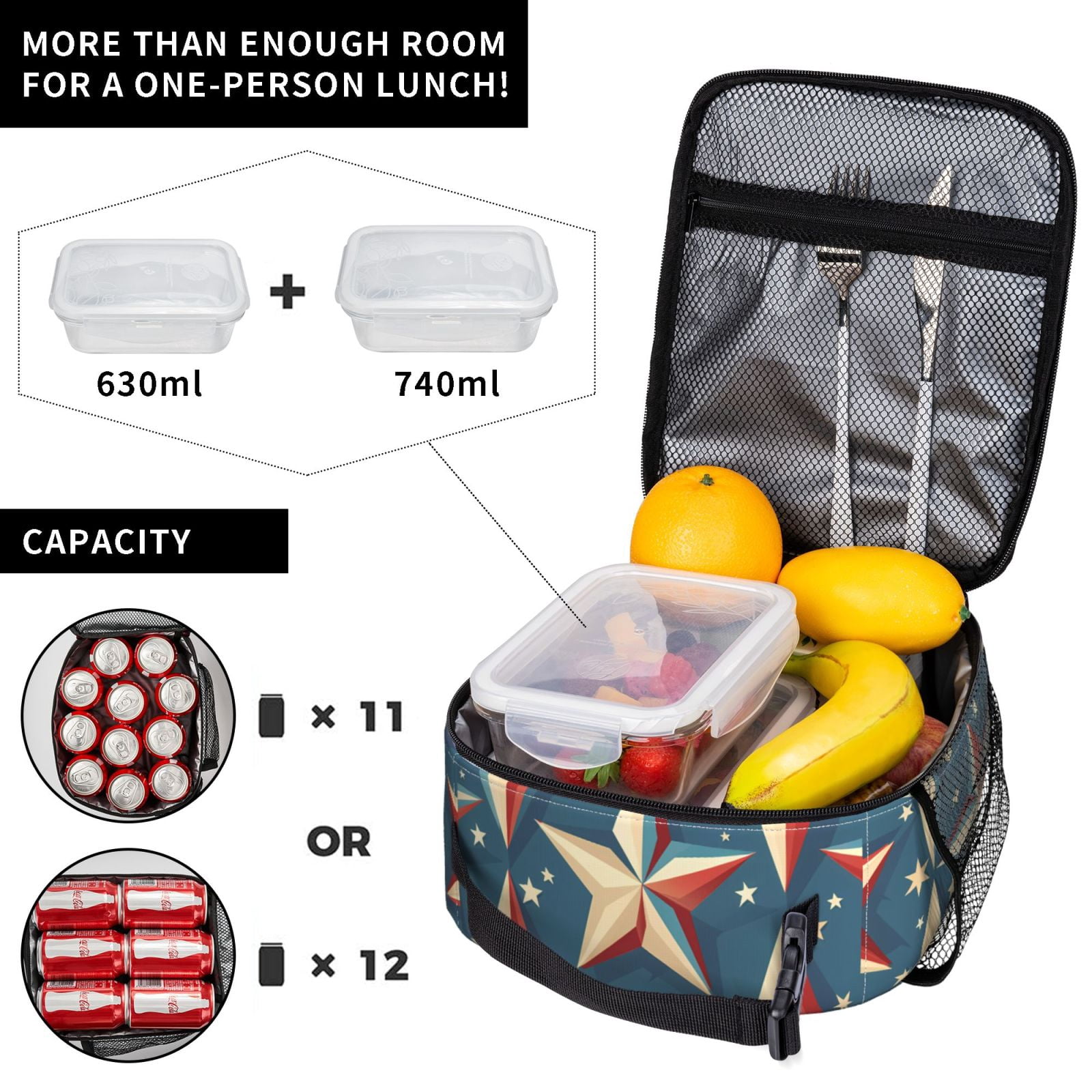 Lunch Bag For Women Men Insulated Portable Lunch Box Bento Box Office Picnic Travel Cooler Bag Independence Day Theme Elements Star (7)