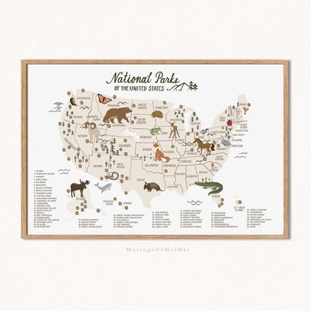 US National Parks Map Woodlands Nursery Playroom Wall Decor, Unframed Paper Poster 8x10in