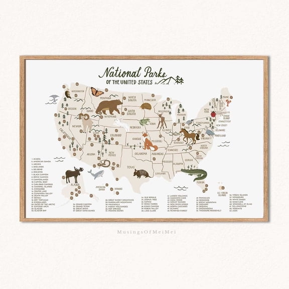 US National Parks Map Woodlands Nursery Playroom Wall Decor, Unframed Paper Poster 8x10in