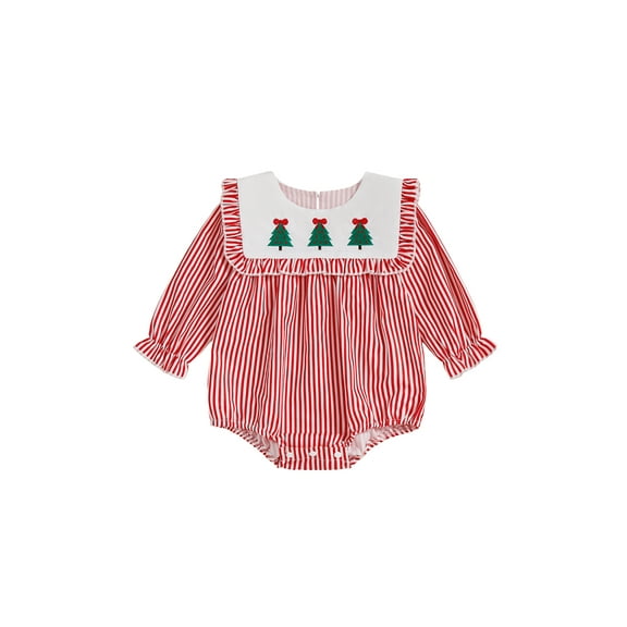 Spewahor Infant Baby Girl Christmas Romper 0 3 6 12 18 Months Striped Holiday Tree Ruffle Trim Long Sleeve Bodysuit