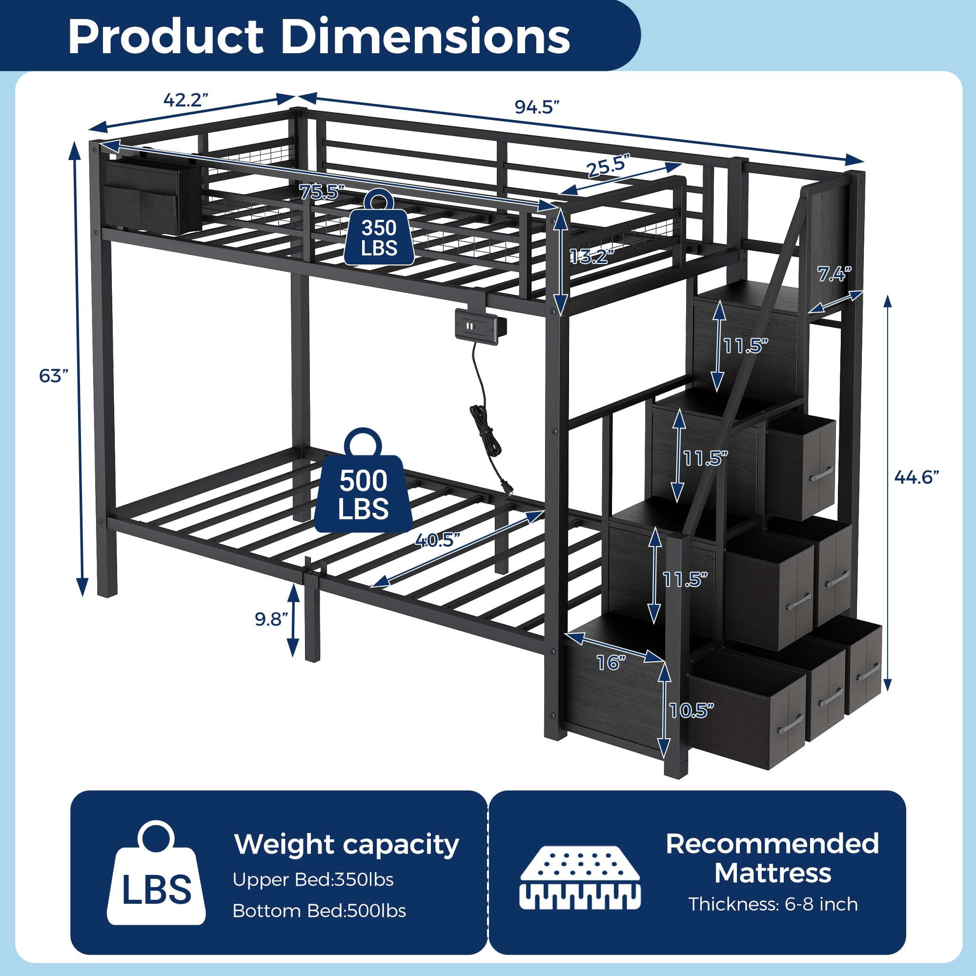 Miniyam Twin over Twin Bunk Bed with Storage Stairs and 6 Drawers, Black