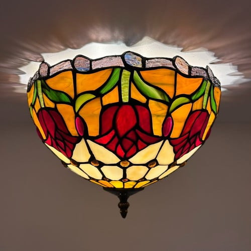 Tiffany Ceiling Lights Fixture Stained Glass Red Tulips LED Bulbs Included 12”W*12”D*8”H