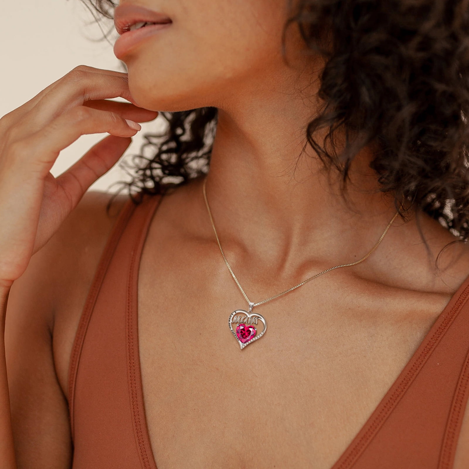 Juwaliy Mom Necklace Heart July Birthstone Necklace Ruby Red 925 Sterling Silver Pendant Jewelry Women Grandma Christmas Birthday Mother's Day Gifts