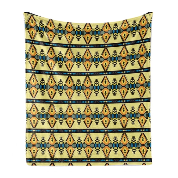 Traditional Soft Flannel Fleece Throw Blanket, Horizontal Ethnic Triangles Motif in Pastel Tones Illustration, Cozy Plush for Indoor and Outdoor Use, 50" x 70", Pastel Yellow Apricot, by Ambesonne