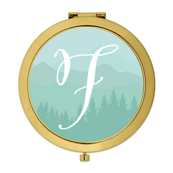 Koyal Wholesale Gold Compact Mirror Bridesmaid's Wedding Gift, Aqua Watercolor Rustic Trees, Monogram Letter F, 1-Pack