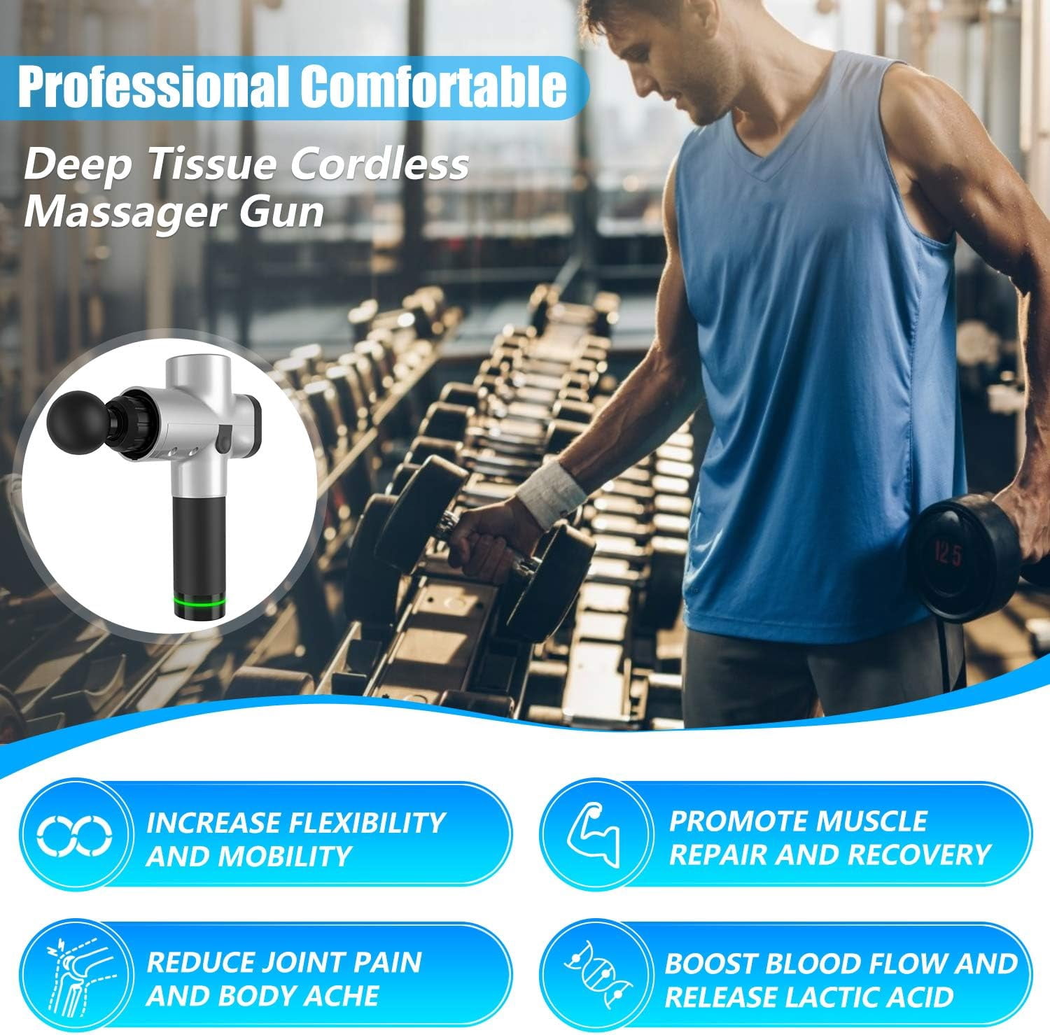Mymomust Massage Gun, Deep Tissue Percussion Muscle Massager for Pain Relief, Portable Handheld Electric Body Massager with Super Quiet Brushless Motor, 6 Massage Heads and 6 Speed High-Intensity Vibr